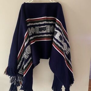 Men's Navy Blue Patterned Sweater with Fringe